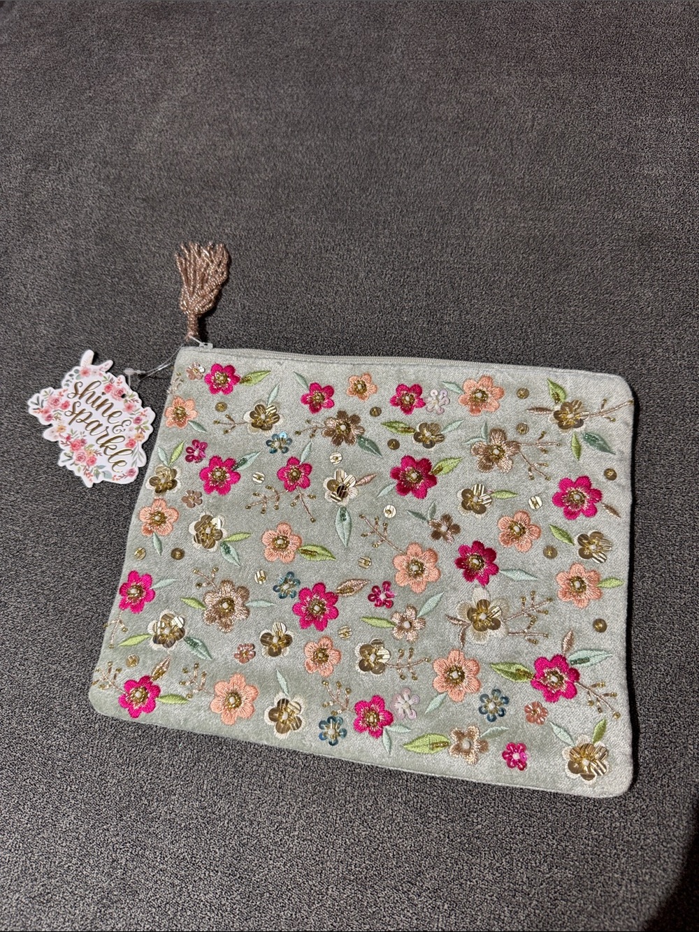 NWT- Floral beaded Embroidered Zip Pouch - Pink & Gold Flowers on Light Blue